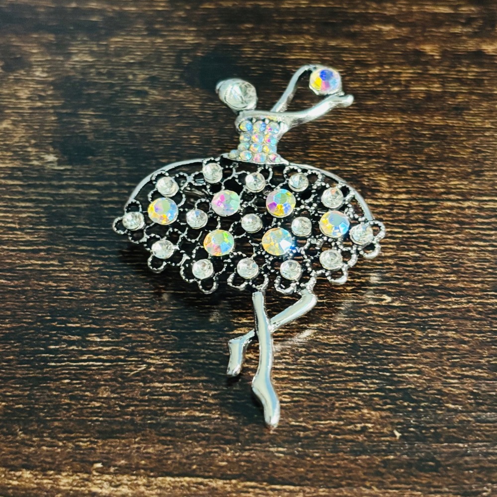 Silver Tone Ballerina Brooch Aurora Borealis Rhinestone Dancer Pin